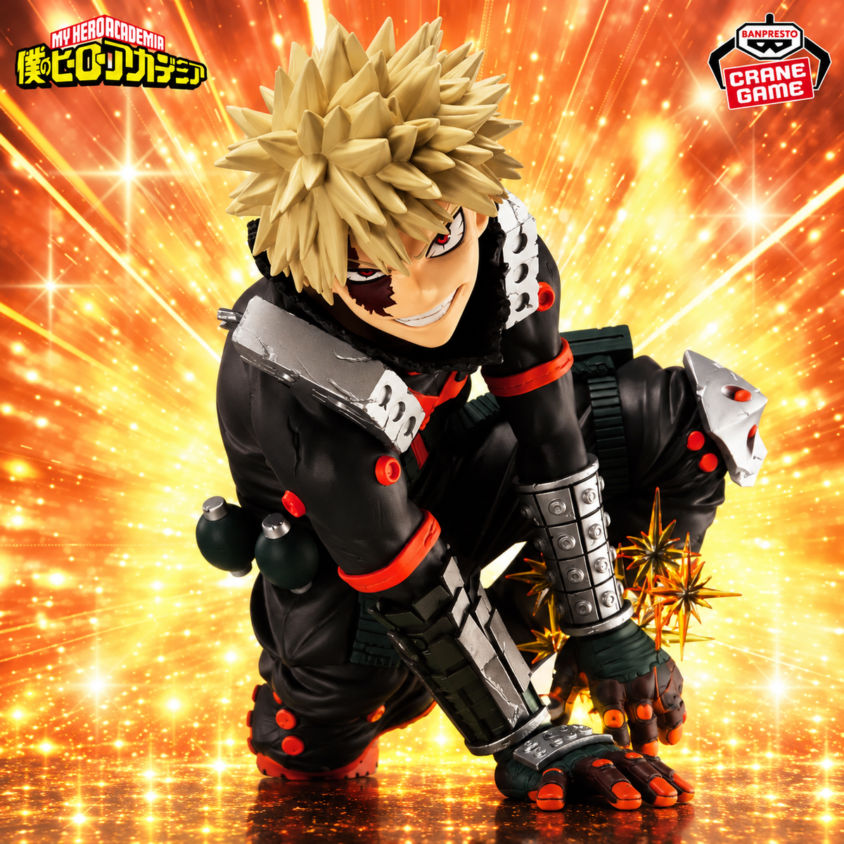 Katsuki Bakugo figure close-up against an orange explosion background