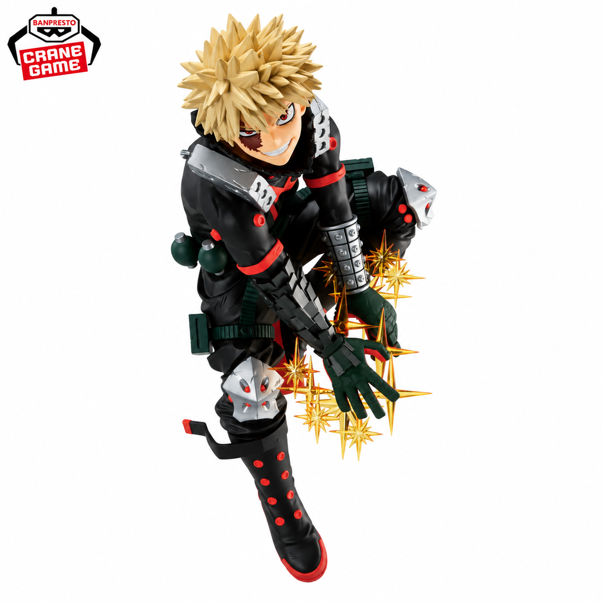 Full Katsuki Bakugo figure with golden explosion effects on white background