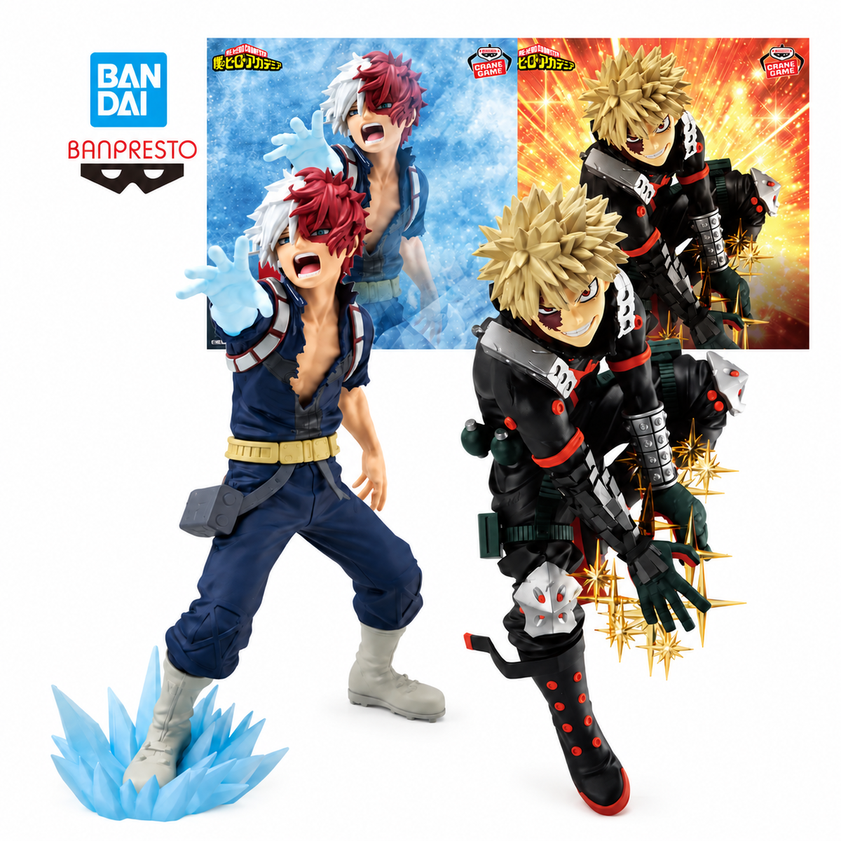 Bakugo and Todoroki collectible figures with Bandai and Banpresto branding