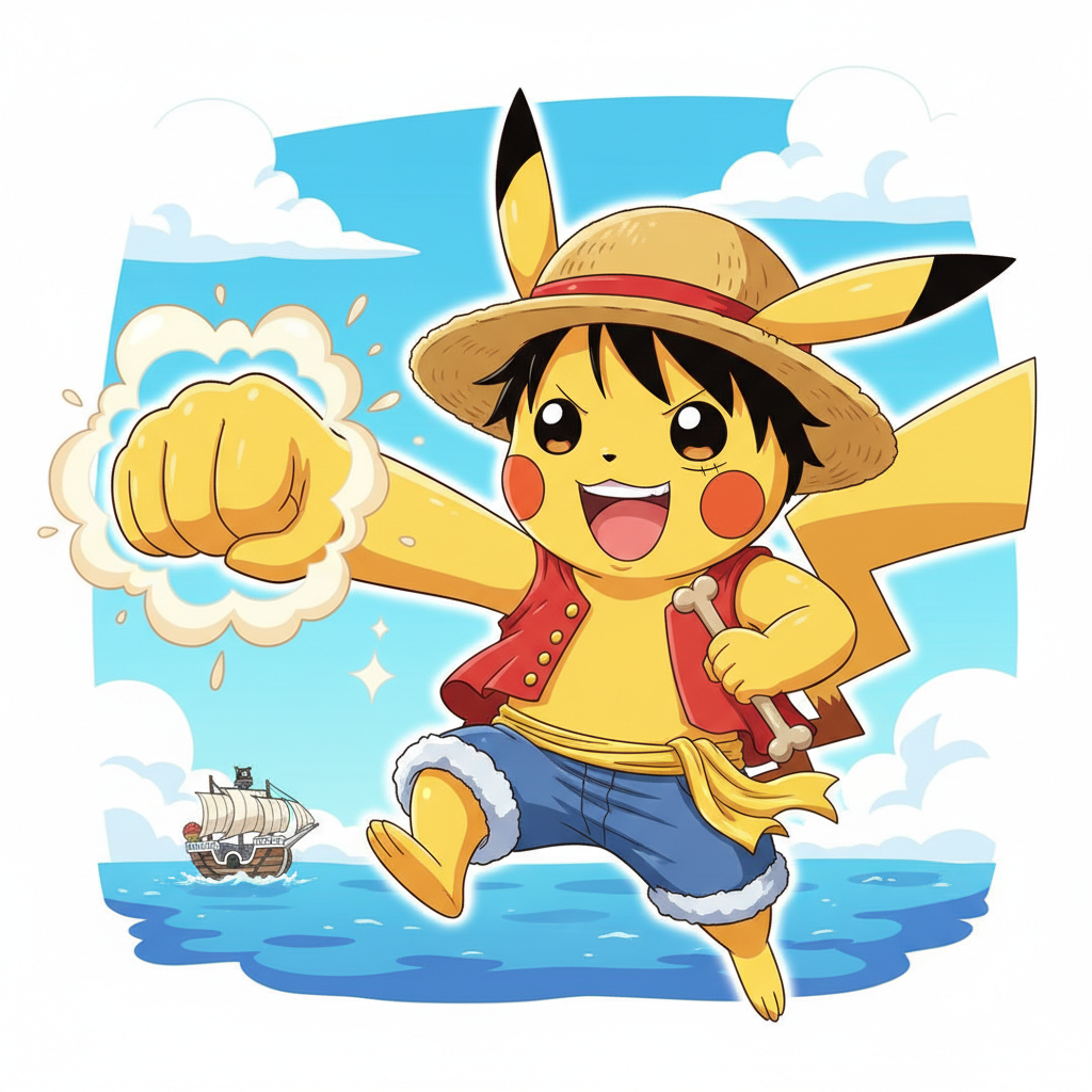 Pikachu cosplaying as Monkey D. Luffy from One Piece